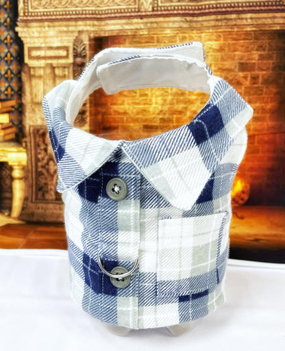 Dog Cat Pet Vest Harness Buffalo Plaid Blue Gray Checked Flannel Workshirt
