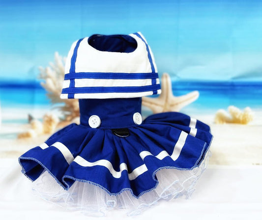 Nautical Sailor Dog Dress – Navy & White Striped Pet Outfit with Tulle Underlay