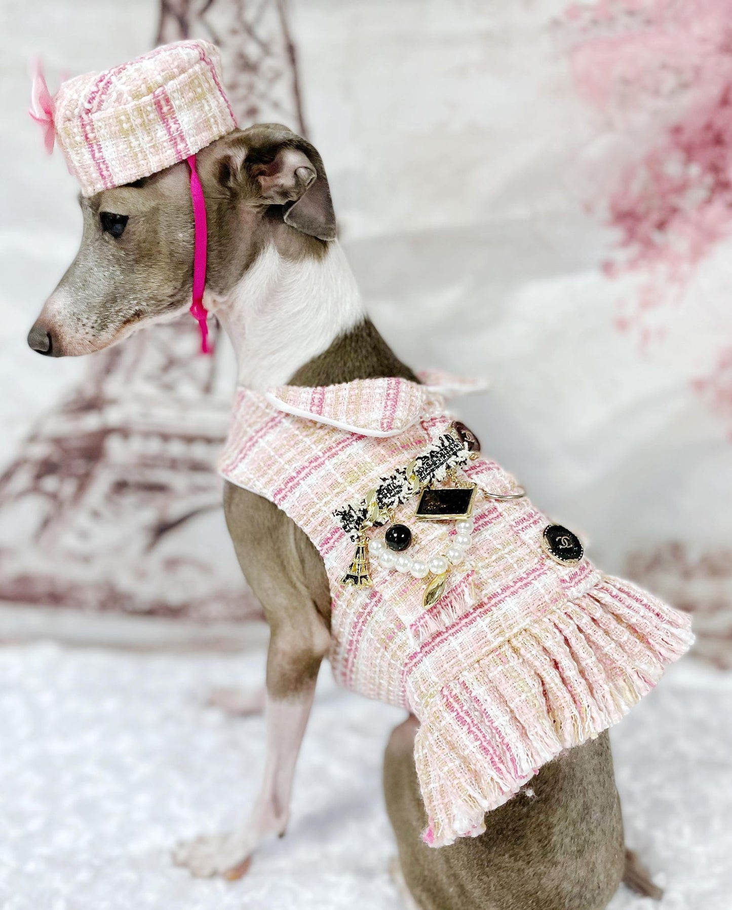 Dog Cat Pet Pink Tweed "Jackie O" Harness Suit Dress with Pill Hat