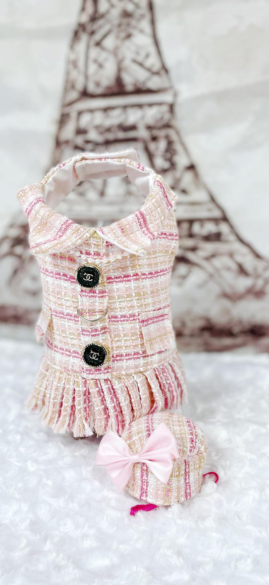 Dog Cat Pet Pink Tweed "Jackie O" Harness Suit Dress with Pill Hat