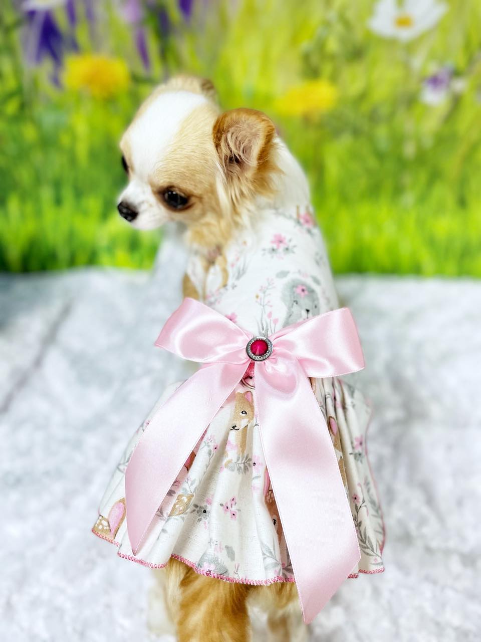 Woodland Nursery Flannel Pet Dress with Removable Bow - Machine Washable, Adorable Animal Print