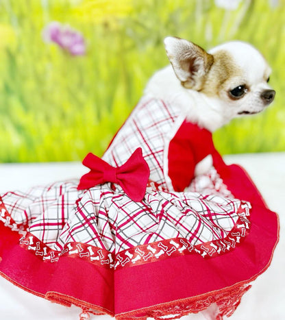  Red plaid dog dress, summer pet fashion, picnic-style dog outfit, red bow dog dress
