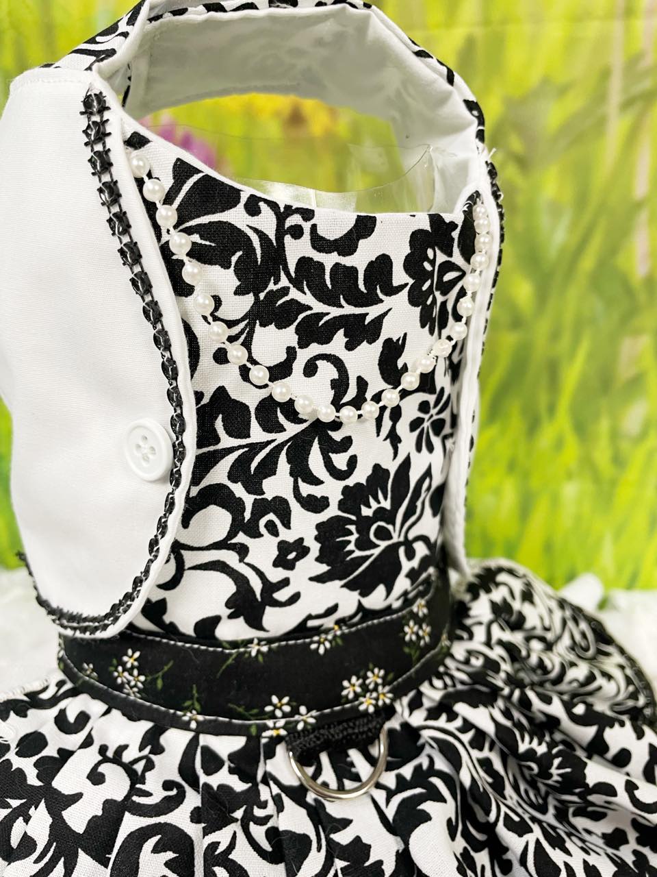 Dog Cat Pet Dress Harness Black /White Floral Jacket with Crinoline