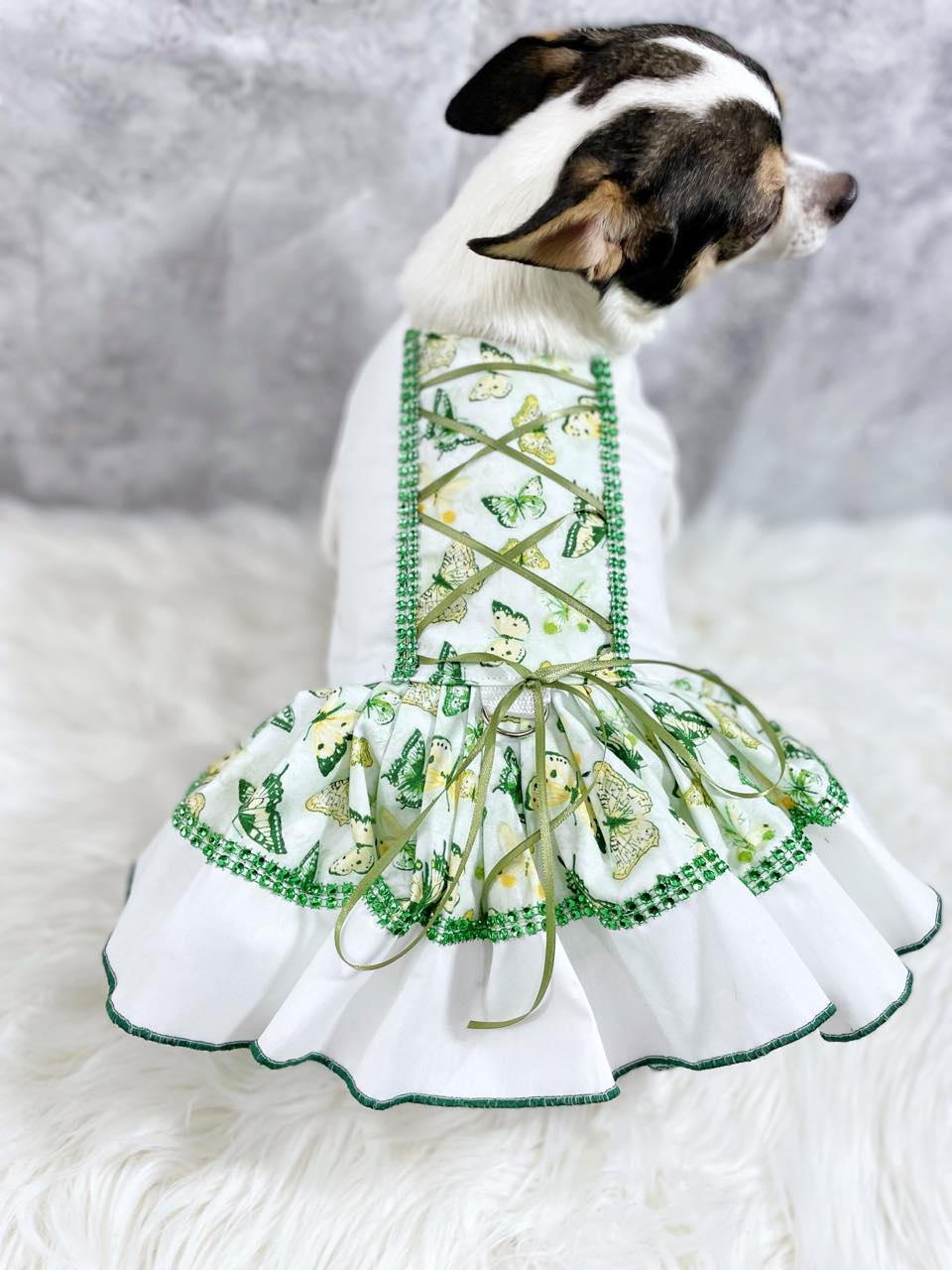 Dog Cat Pet Dress Harness Green Butterflies Corset Dress with Crinoline PRE MADE