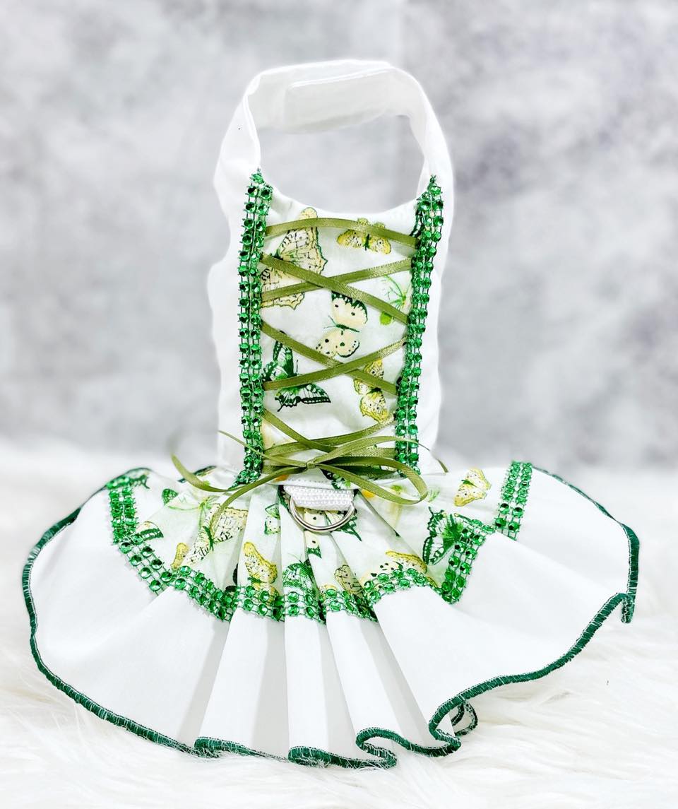 Dog Cat Pet Dress Harness Green Butterflies Corset Dress with Crinoline PRE MADE