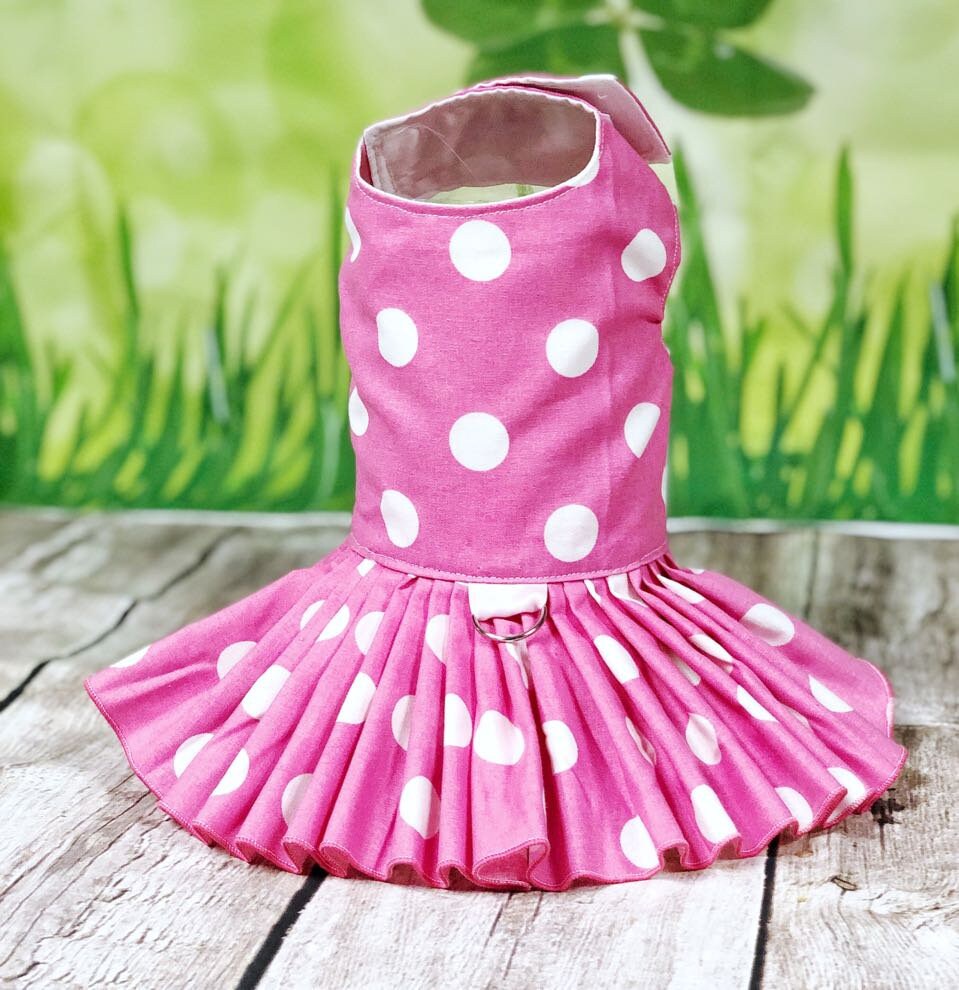 Dog Cat Pet Harness Dress Pink Dots Summer Washable Next Day Shipping