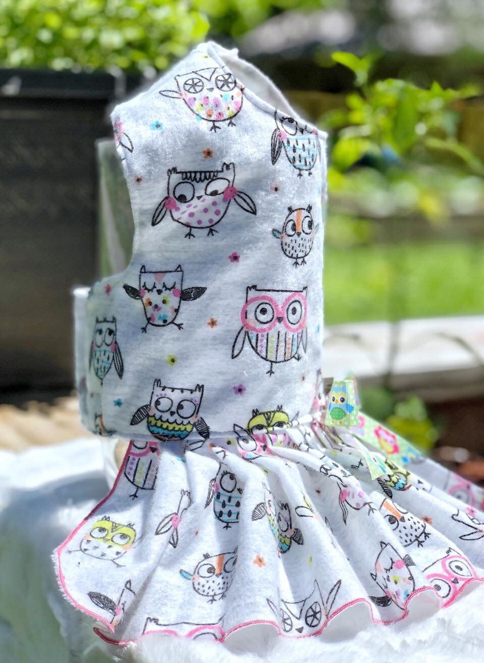 Dog Harness Dress Flannel Colorful Owls Cotton Lined Machine washable Next Day Shipping