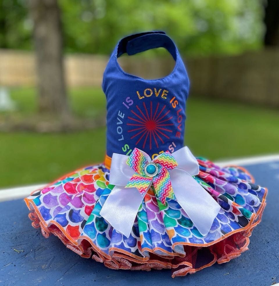 Dog Cat teacup Dress Harness Love is Love Pet Clothing with Poof and Leash ring Pride Month