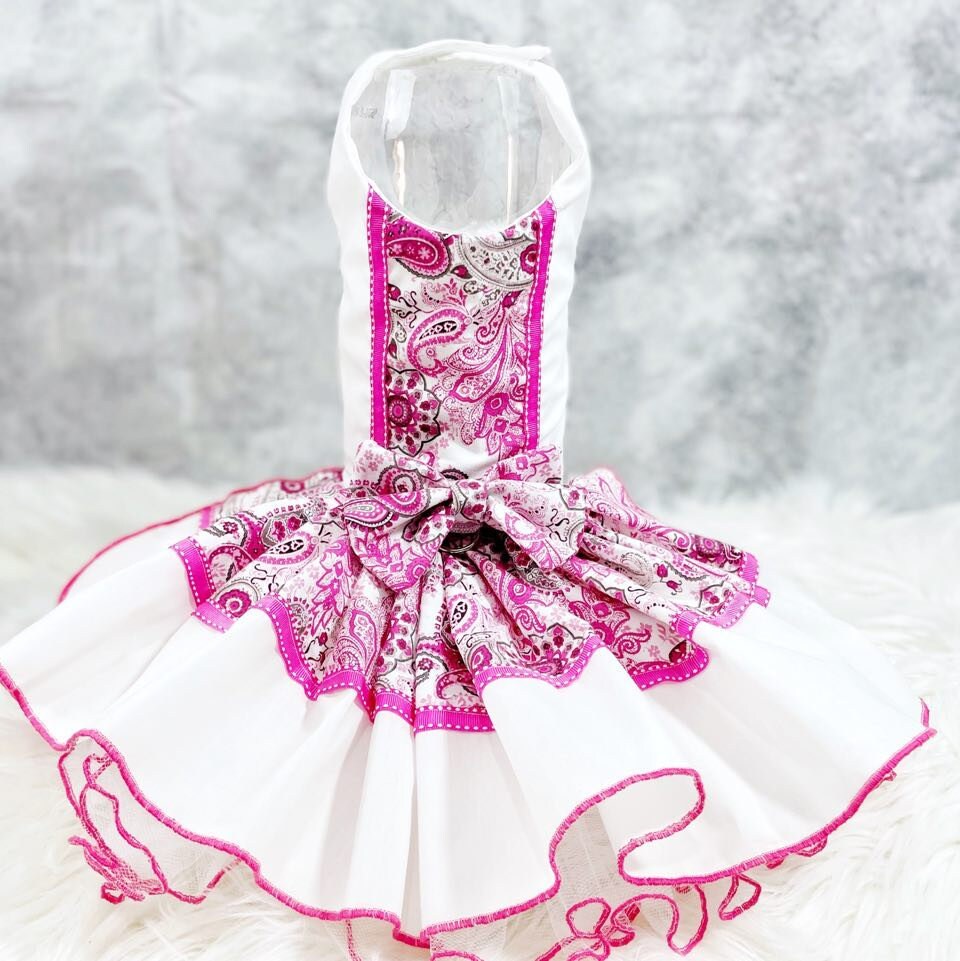 Dog Cat Pet Teacup Dress Harness Pink Paisley  Fancy Pet Clothing Next Day Shipping