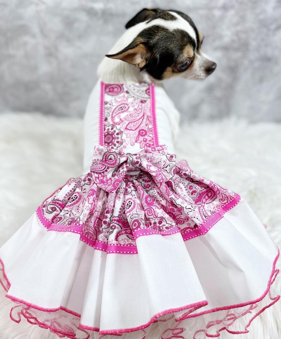 Dog Cat Pet Teacup Dress Harness Pink Paisley  Fancy Pet Clothing Next Day Shipping
